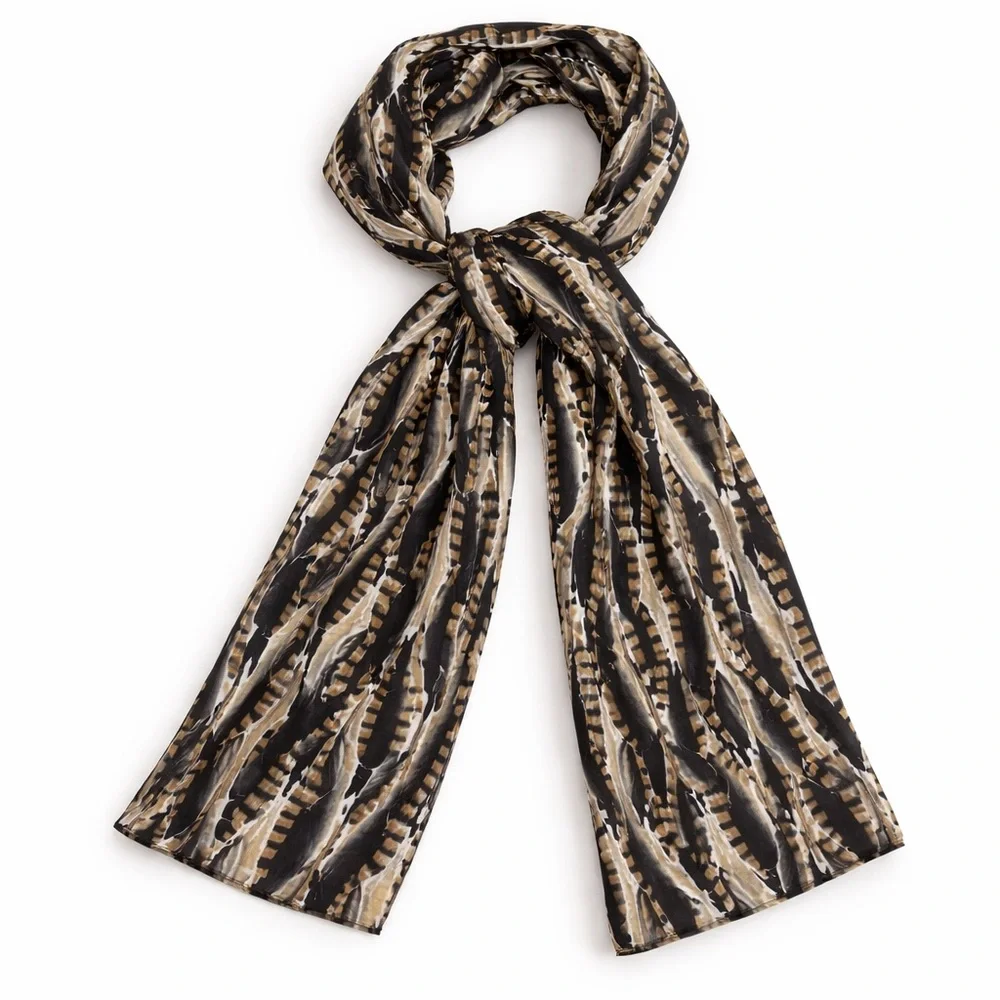 Echo Silk Feather Print Scarf Oblong Black Brown Neutral Classic Boho Chic